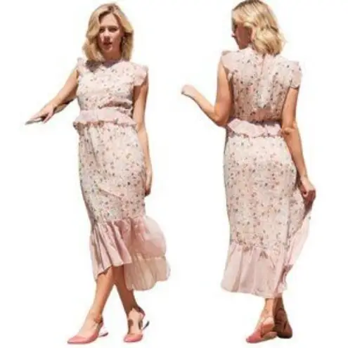 Ellison Floral Ruffle Midi Dress Sz Large Cottagecore Garden Girl Boho Polka Dot