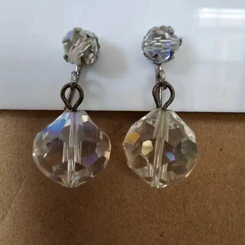 Vintage Aurora Borealis AB Crystal Bead Ball Drop Dangle Clip on Earrings Silver