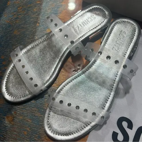 Schutz New Ariella Crystal Flat Clear Gem embellished Slide Sandal size 8