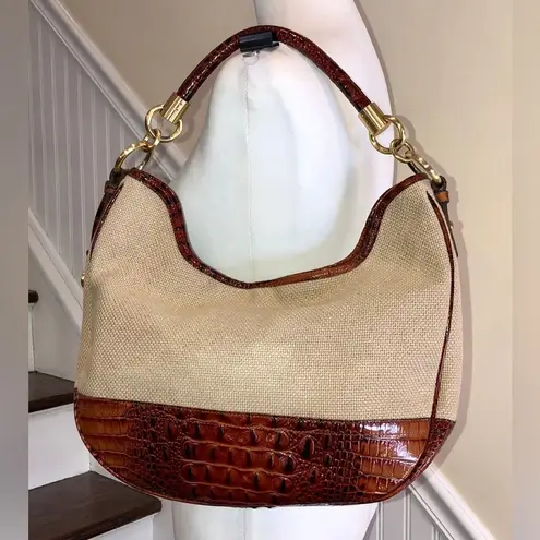 Brahmin Canvas and Warm Brown Crocodile Leather Shoulder Bag with Medallion