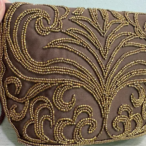 Vintage Walbaeg Beaded Satin Evening Bag Dressy Formal Purse Brown Crossbody
