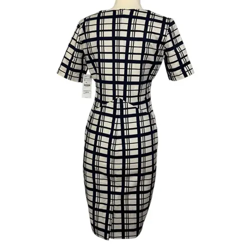 ZARA  Pencil Shift Dress Navy Blue White Plaid Short Sleeve Square Neckline Sz S
