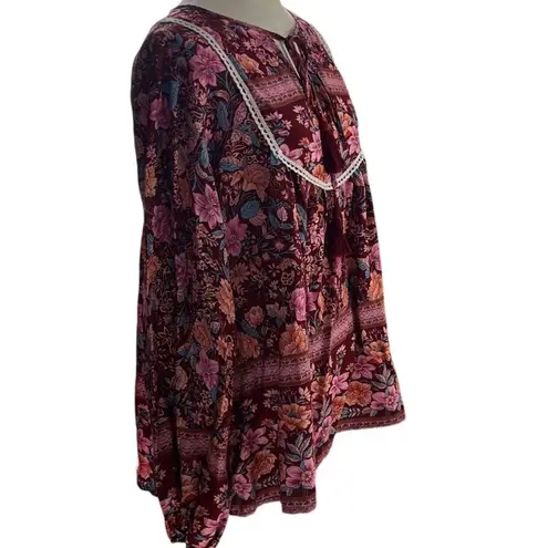 Pretty Garden Boho Cottagecore Blouse Large Pink Floral Tie Neck Peasant Top