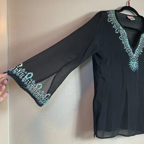 Itsu Womens 100 % Silk Size 6 Long Sleeve Blouse Beaded Sequin Black Blue
