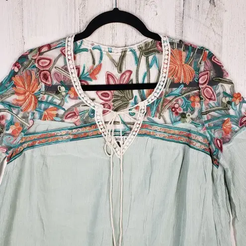 Tassels N Lace Green Sheer Floral Embroidered High Low Dress Women's Size Medium