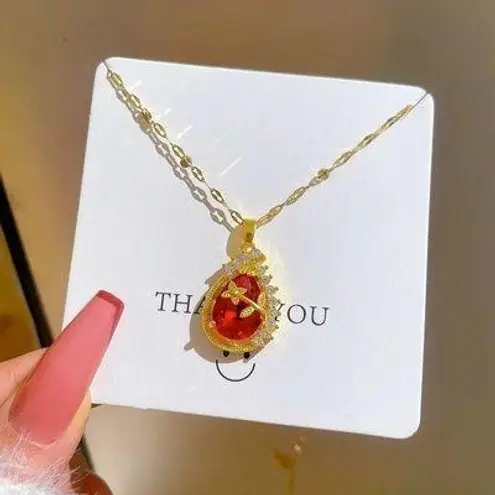 18K Gold Plated Birthstone Crystal Flower Teardrop Ruby Pendant Necklace for Women