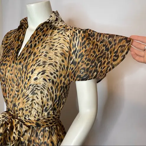 Vintage Sheer Leopard Print Dress Flutter Sleeves Animal Jungle 80s Collar Midi Size XS