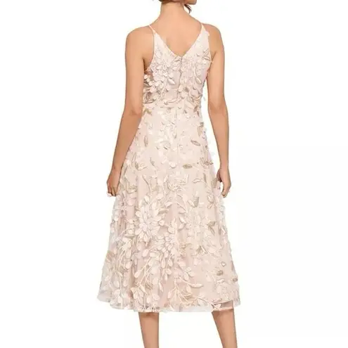 XScape 3D Floral Appliqué Midi Dress in Champagne Size 10