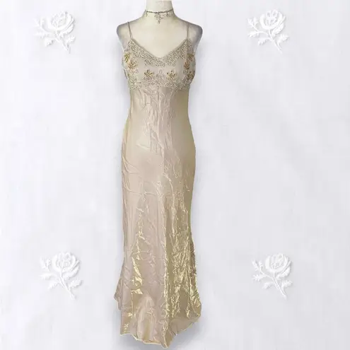 Rhapsody , Paper Tag Made in USA Early 2000's Gold Ethereal Beaded Prom Dress S