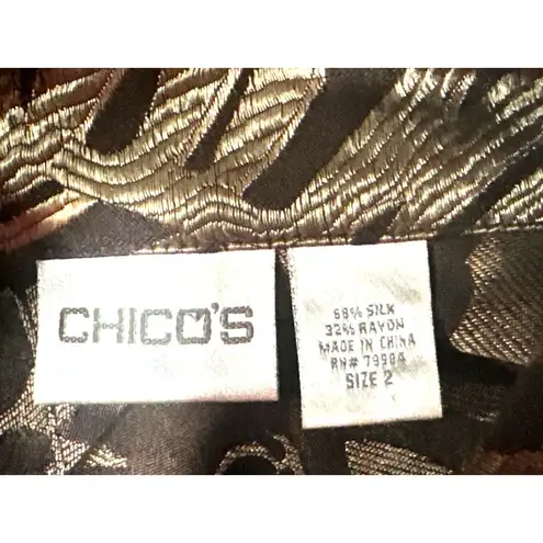Chicos Size 2 Black Gold Silk Blend Floral Sheer Jacket Artwear Style City Style Brown