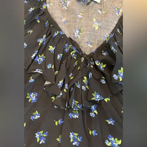 We Wore What black blue floral ruffle long sleeve top medium NWT