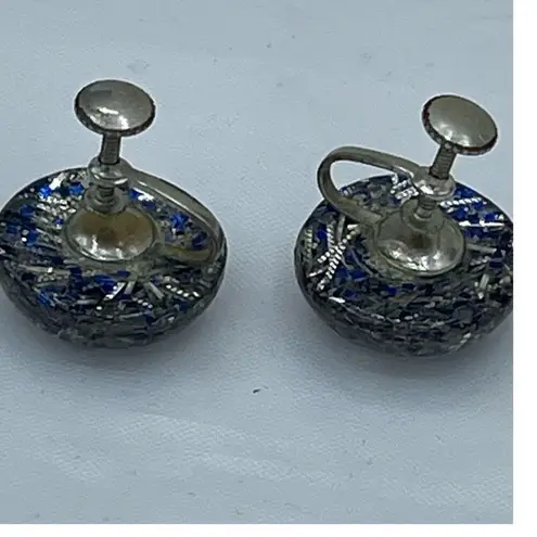 Vintage confetti blue & silver acrylic button screw back earrings Blue