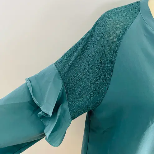 H by Halston Blouson Sleeve Tie Neck Top with Lace Inserts- Tide- XL- NWT