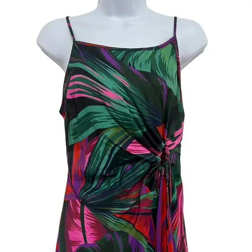 Farm Rio Midnight Leaves Tank Midi Dress Green Pink Tropical Cut Out Tie Waist M