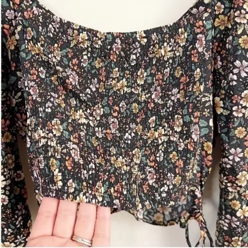 Elodie Ruched Crop Top Side Tie Long Balloon Sleeves Floral Size Small NEW