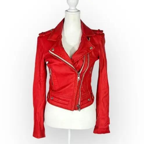 IRO Luiga Cropped Moto Jacket Women 36 Red Silver Double Zip Button Long Sleeve