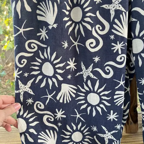 C&C California Women's Blue And White Beach Print 100% Linen Pants Size L