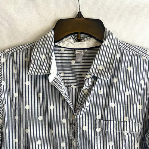 JCP Polka Dot Striped Long Sleeve Button‎ Front Shirt Size Large Blue