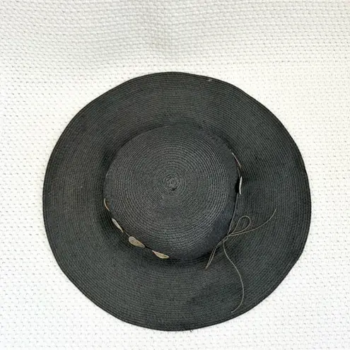 Flora Bella Summer Beach Pool Boho Floppy Foldable Sun Hat Mother of Pearl Discs Black