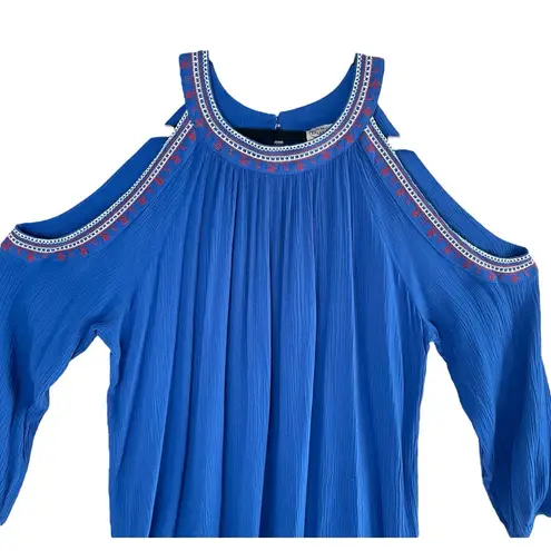 Como vintage Blue Cold Shoulder Boho Peasant Top Embroidered Detail, Large