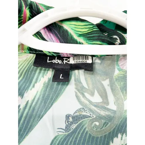 LoboRosa Tropical Palm Leaf Leopard Monkey Jungle Print Pajama Style Shirt Sz L Size L