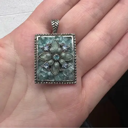 Vintage Blue  Floral Square Stone Pendant Jewelry y2k