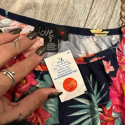 NWT Love Large Floral Navy Dress Gold Chain Straps Blue