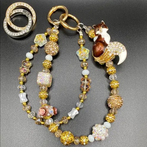 Handmade 🦊 Brown Fox Bag Charm Chain, Phone Chain, Keychain Bling Crystal Beads, Gold