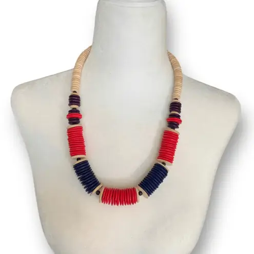 Vintage Red Navy Wooden Disc Natural Beaded Statement Necklace Bohemian Chunky Blue