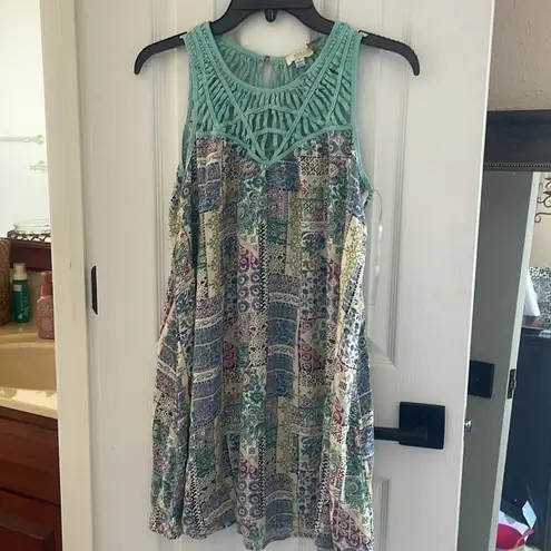 Kori America Aqua Patchwork Boho Sleeveless Dress NWOT