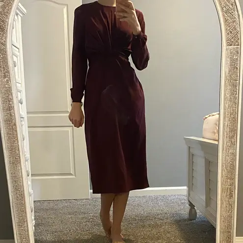 Tie front long sleeve midi dress in wine
