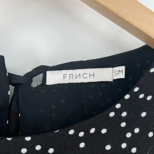 FRNCH Paris Dot Long Sleeve Dress Tie Neck B&W Polka Dots Flare Parisian SZ S/M