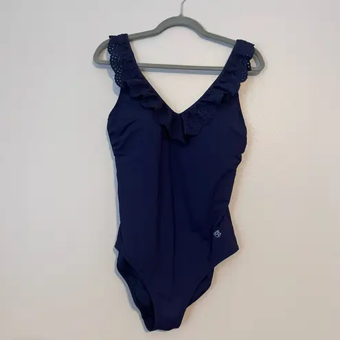 Draper James x Lands’ End Eyelet Lace Ruffle V-Neck One Piece Swimsuit Navy 12