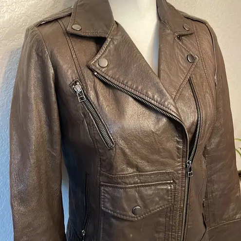 REZREKSHN BY ESTHER CHEN Moto Leather Jacket Coat Outerwear Brown Zip Up XS