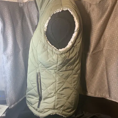 Free Country Womens Full Zip Vest Reversible Green Quilted Plush, pockets Small