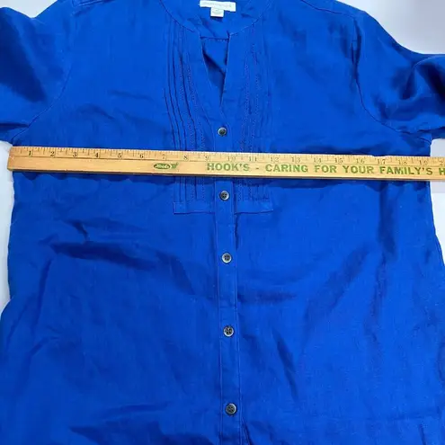 Charter Club Women's Medium Blue Button Down Blouse ¾ Sleeve V-Neck 100% Linen