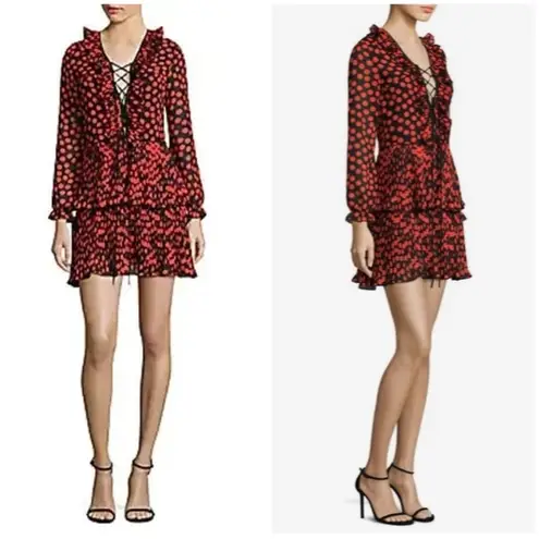 DELFI Collective KIKI lace up ruffled long sleeve ruffle Polk dot minidress XS Red