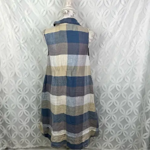 Yuvita Chambray Sleeveless Pintuck Plaid Linen Dress Lagenlook Blue Size S $148
