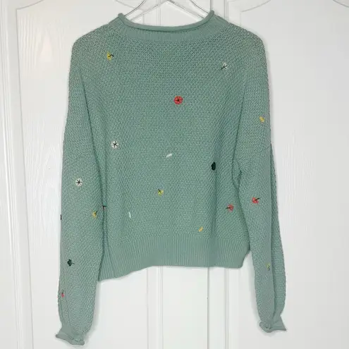 The Great . Poppy embroidered cotton knit sweater in sage size 1 (Small)