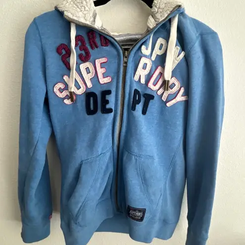 Superdry Full Zip Hoodie Sherpa Lined Spell Out Graphic Blue Medium