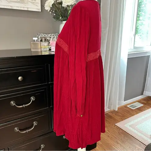Suzanne Betro Boho Lace Trim Dress Red Textured Long Sleeve Size Large