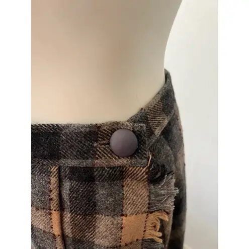 Vintage 80s beige green ruffled wool rustic plaid checkered skirt suit w/scarf S Tan Size M