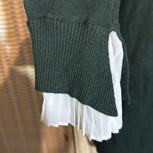 Vila Milano Dark Forest Green Sweater With White Faux Shirt Collar Cuffs Medium
