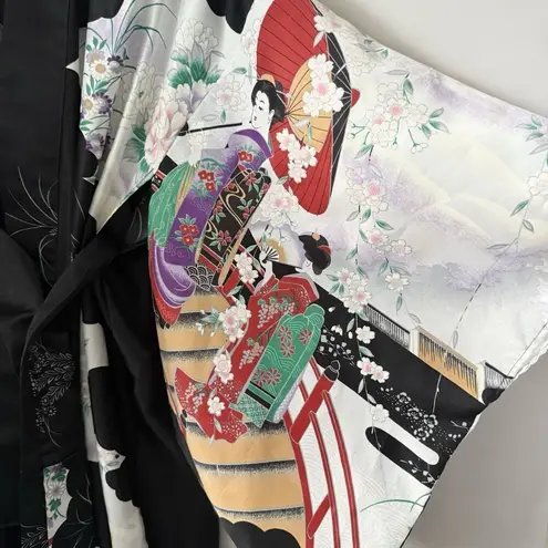 Japanese Kimono Robe Sz 56 Cherry Blossom Made In Japan Womens Polyester Parasol Black