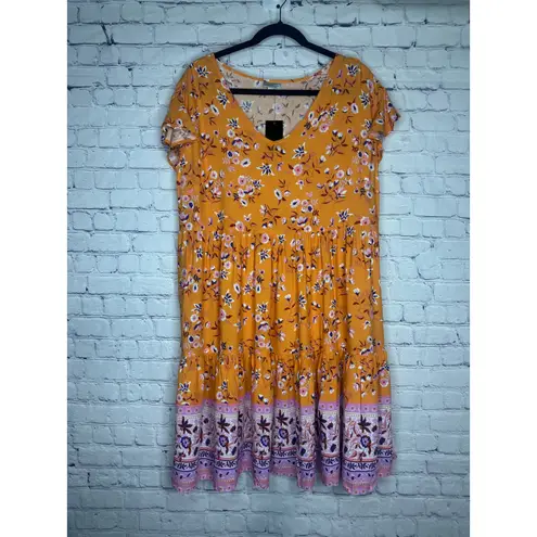Avenue Women's Floral Print Tiered Dress Orange Pink Size 14 Casual