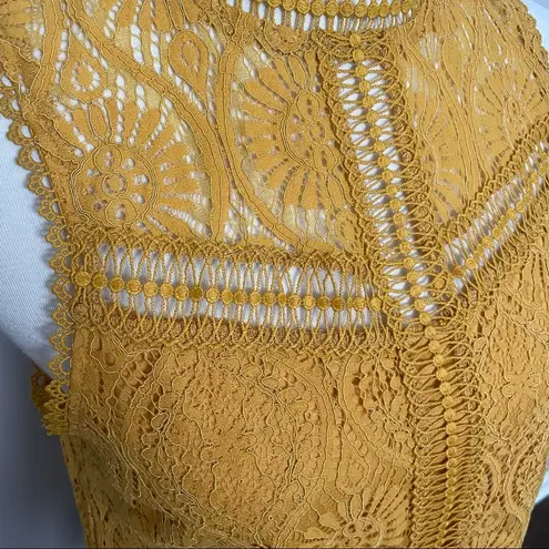 Sandy & Sid Top Crocheted Lace Sleeveless Illusion High Neckline Mustard Yellow