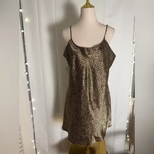 Leopard Print Satin Slip Dress L Silky Nightie Cami Lingerie Sleepwear Large Brown