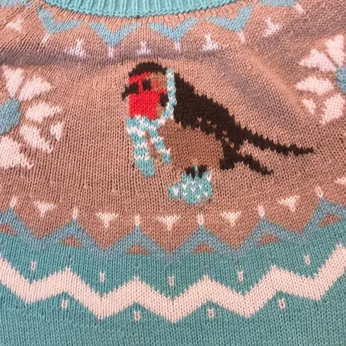 Talbots  turquoise winter bird print wool blend sweater Mp