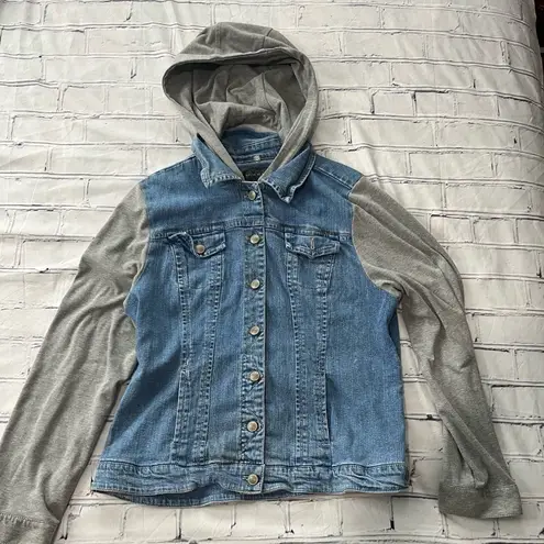 Live a Little Vintage Denim Hoodie Jean Jacket Women’s XL Gray Knit Sleeves Blue