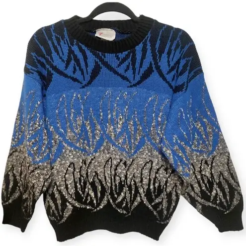 Vintage Blue Black White Geometric Crewneck Knit Sweater Grandpacore Teasers Y2K Size L